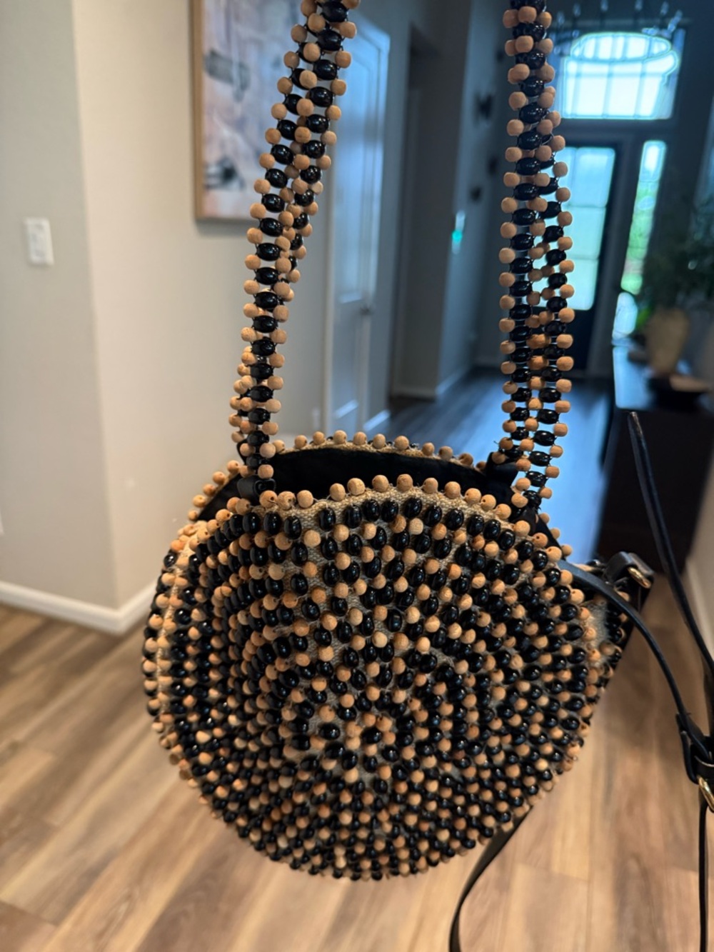 Zara Black & Natural Beaded Round Mini Shoulder Bag